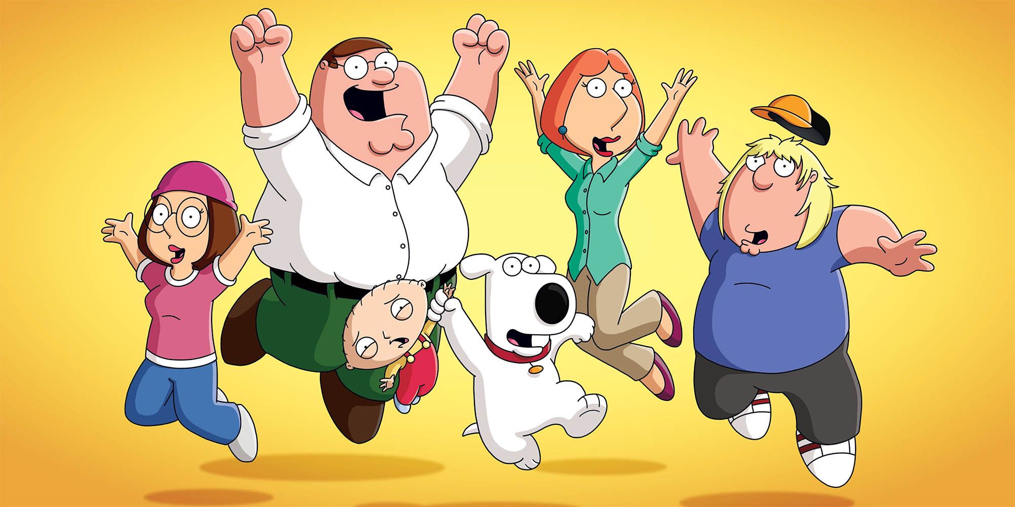 The cast of Family Guy jumping