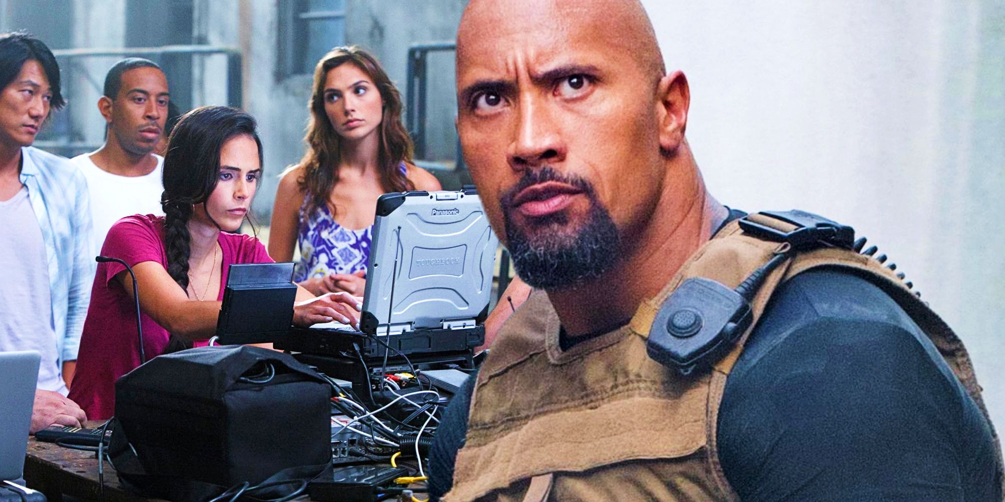 The cast of Fast Five and Dwayne Johnson as Hobbs