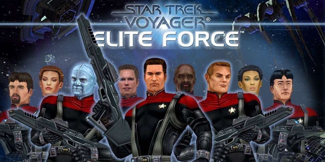 The characters of Star Trek Voyager standing together in Star Trek Voyafer Elite Force Cropped