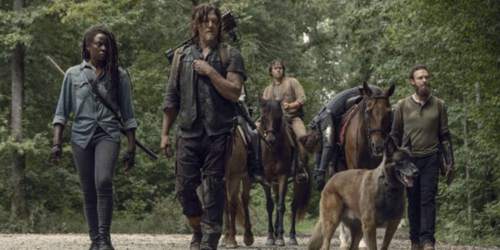 The group walking through the woods in The Walking Dead