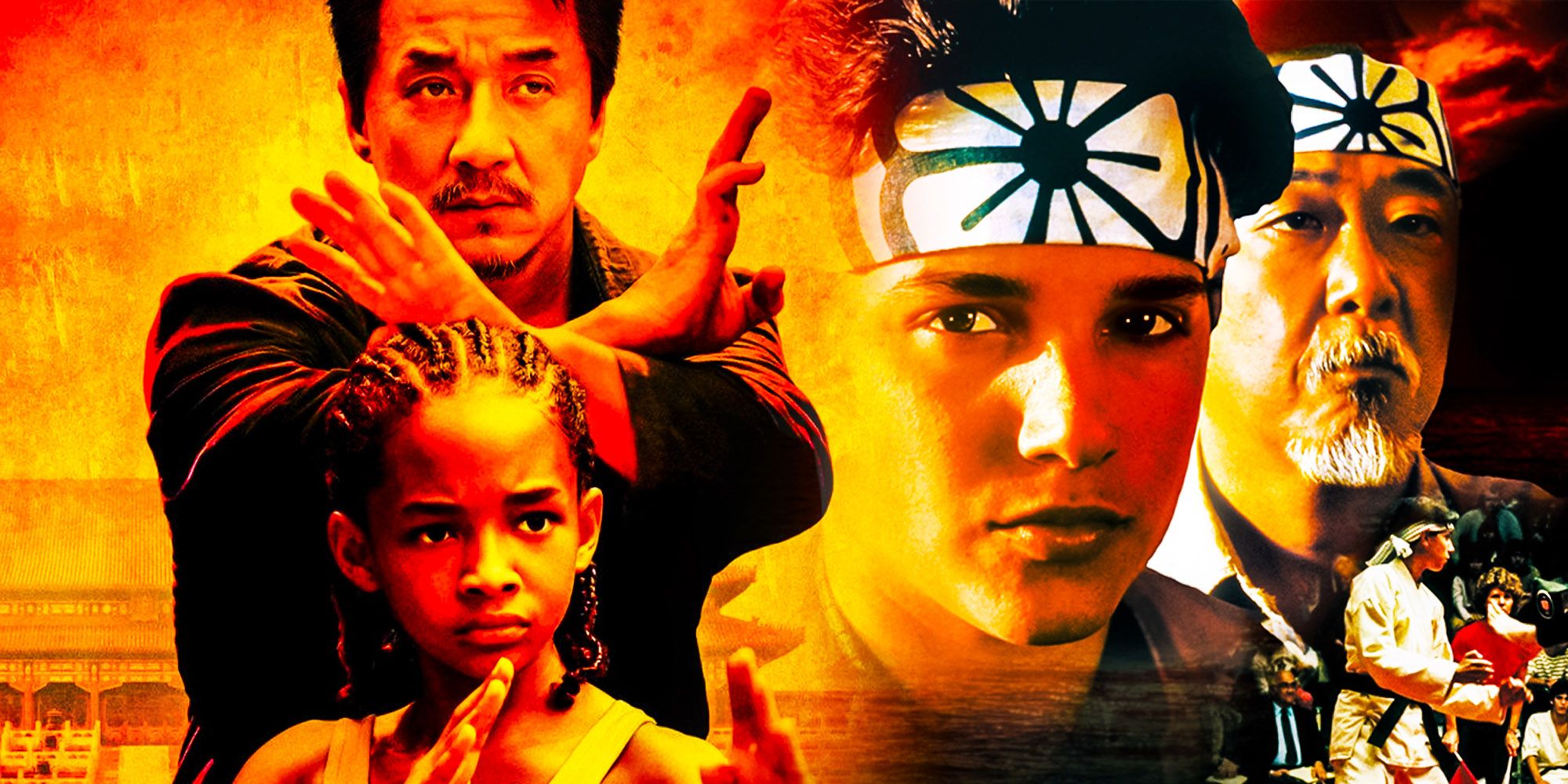 A composite image of the cast of Karate Kid and Cobra Kai