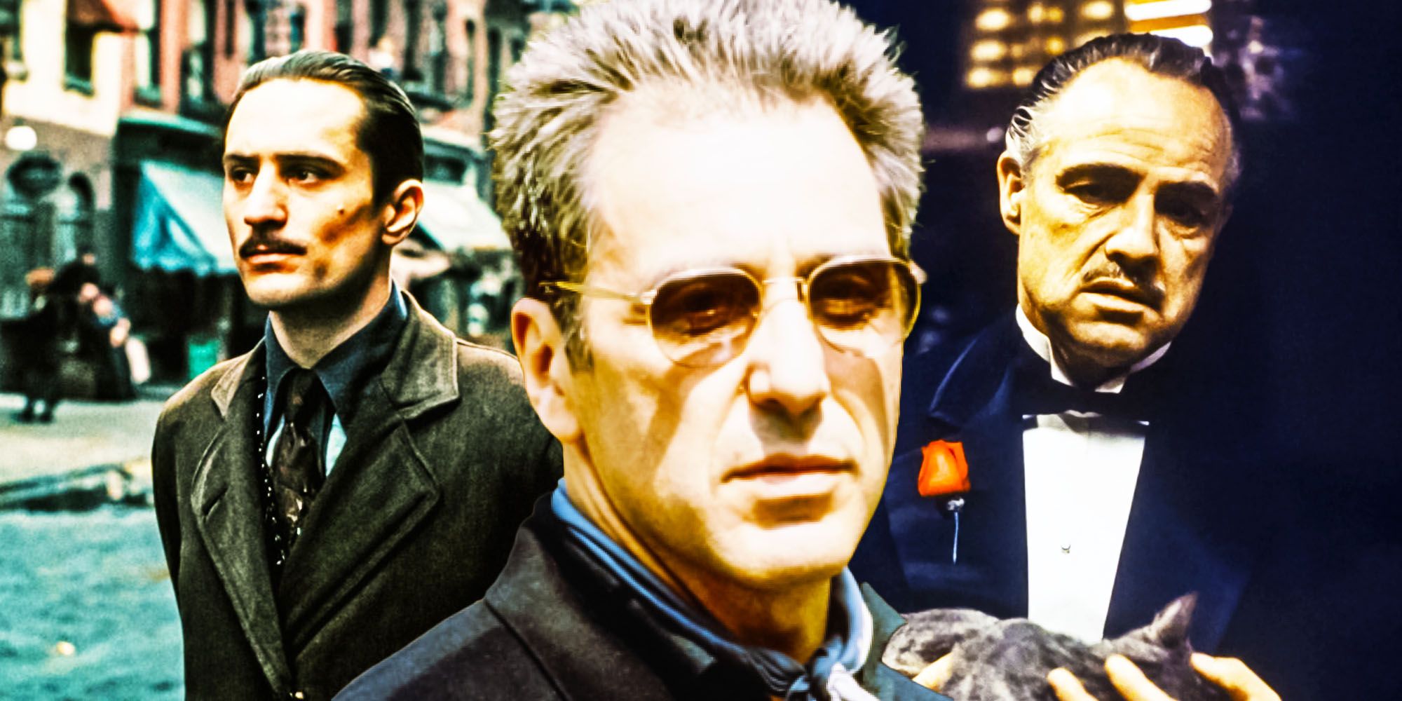 Marlon Brando, Robert de Niro, and Al Pacino in The Godfather trilogy