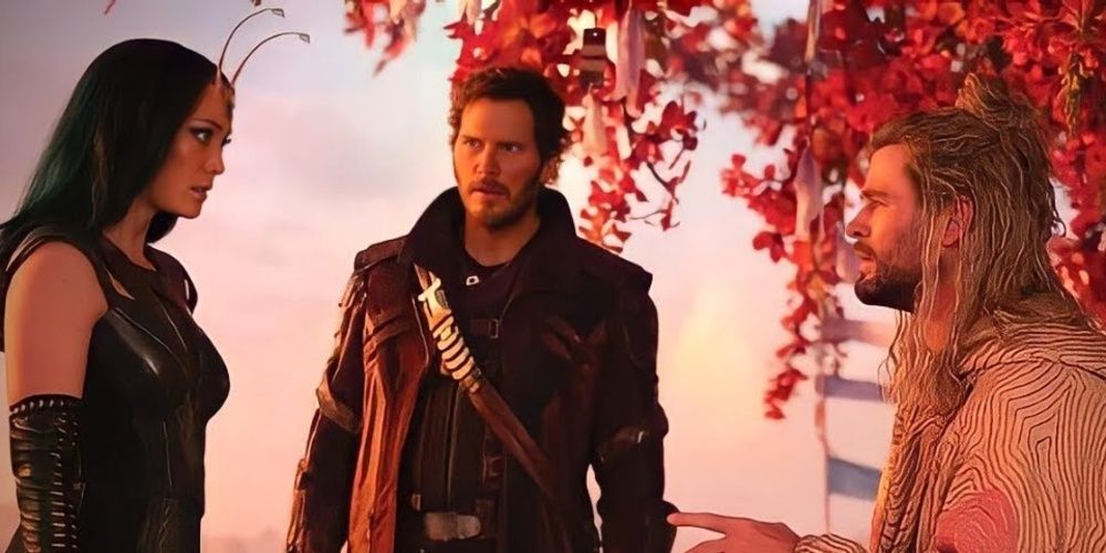 Thor, Mantis, and Star Lord in discussion in Love and Thunder