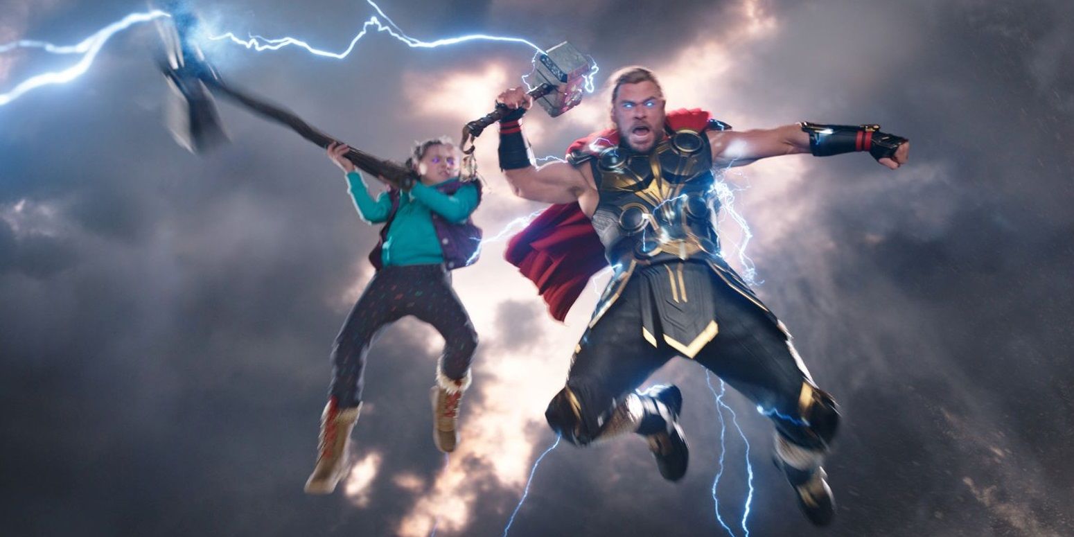 Thor and Love spring to action at the end of Thor Love and Thunder