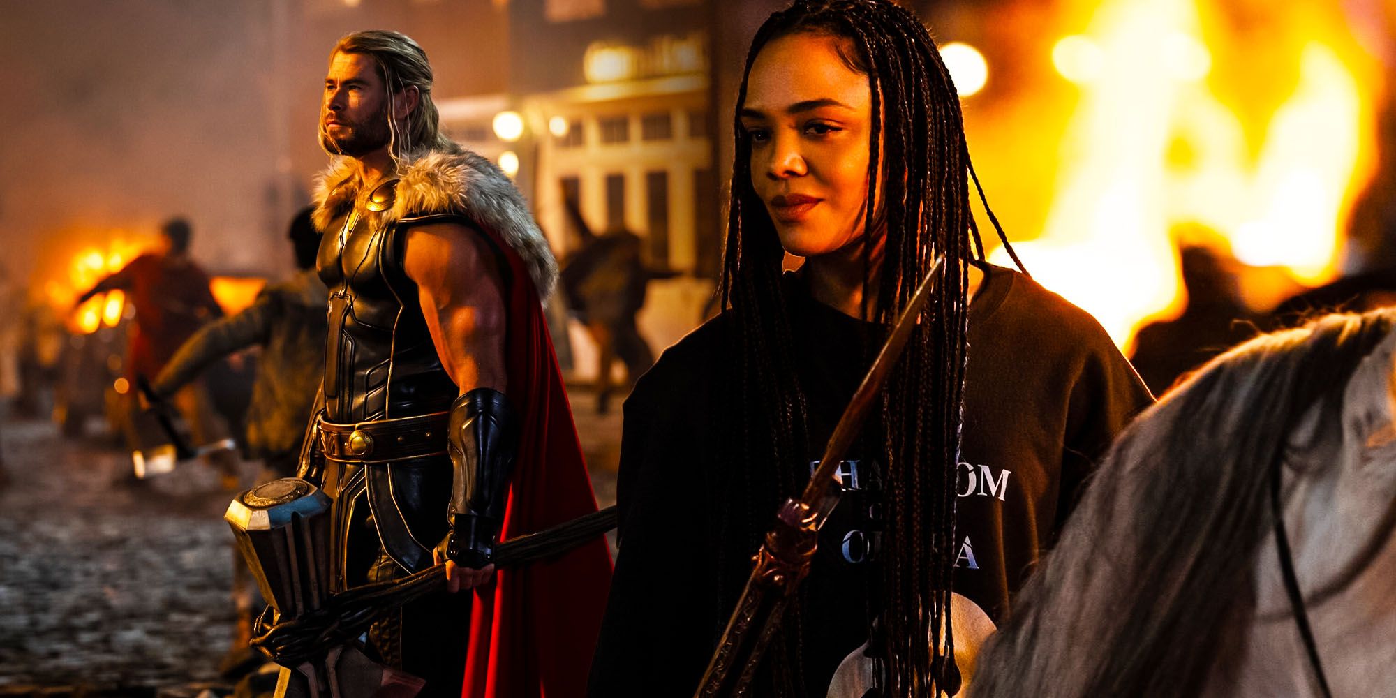 Thor and Valkyrie outside during the attack on New Asgard in Thor: Love And Thunder