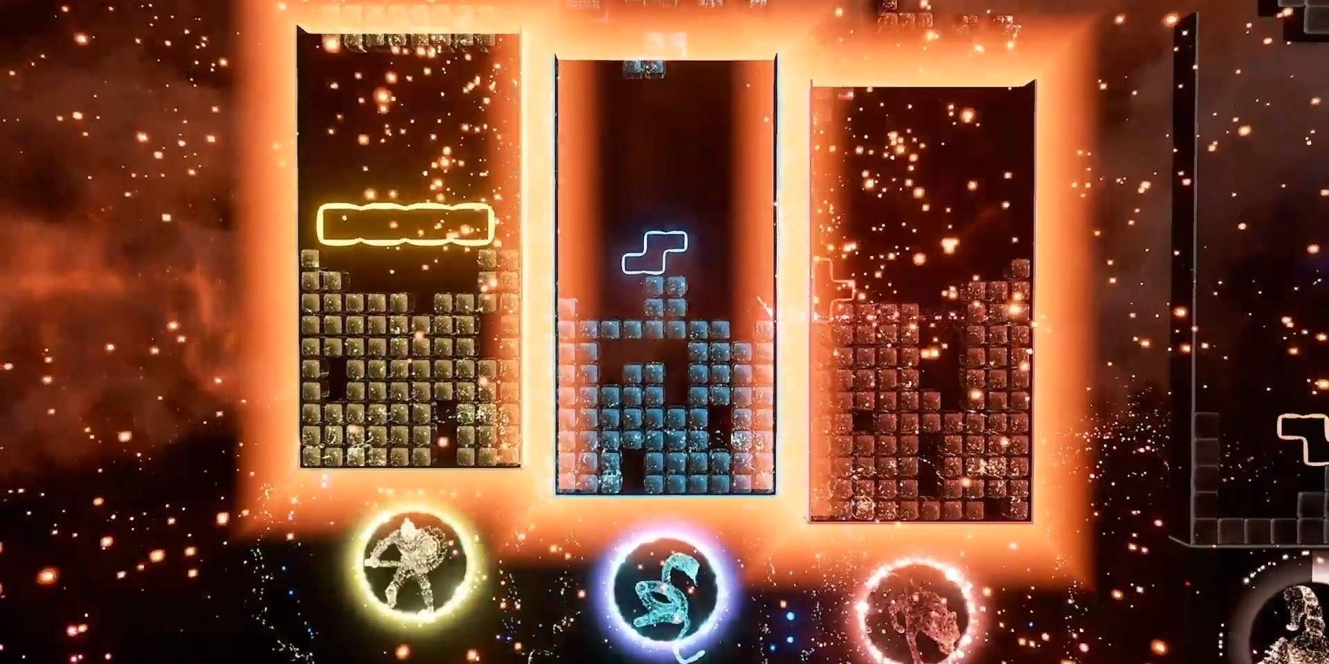 Três jogos de Tetris em movimento em Tetris Effect Connected 