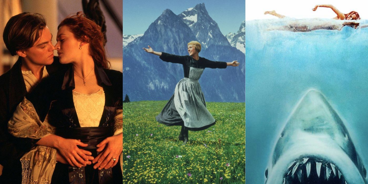 Three side by side images from Titanic, Sound of Music and Jaws