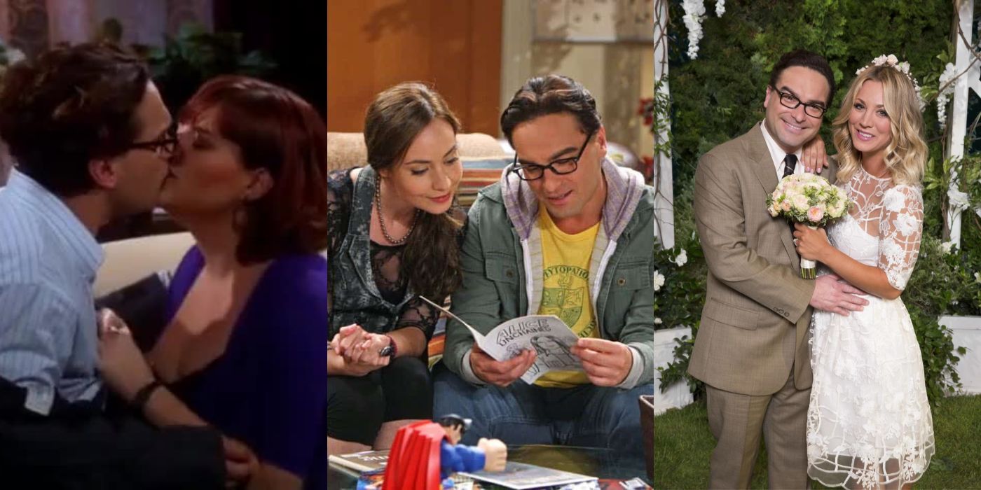 Three split images of Leonard with his girlfriends on The Big Bang Theory