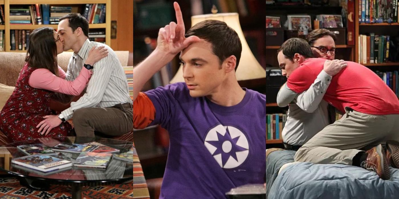 Three split images of Sheldon with Amy and Leonard on TBBT