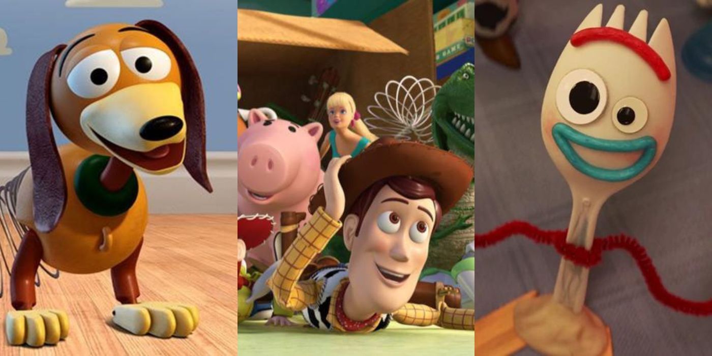 Three split images of Toy Story characters throughout the movies