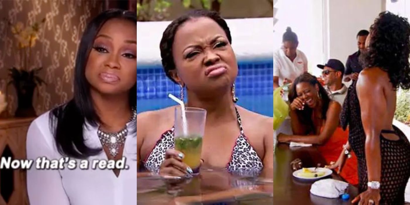 Three split images of funny clips of Phaedra from RHOA