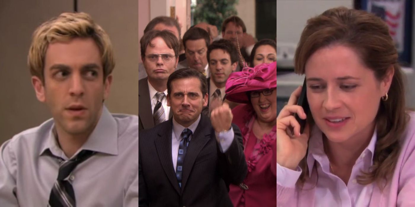 Three split images of the Office characters in heartwarming scenes
