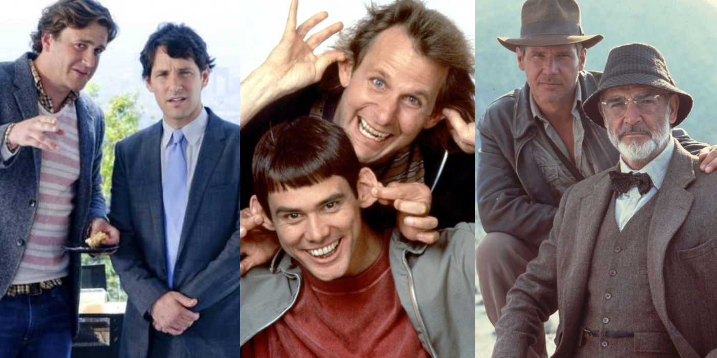 Three vertical images of Paul Rudd, Jason Segal, Jeff Daniels, Jim Carrey, Harrison Ford, Sean Connery