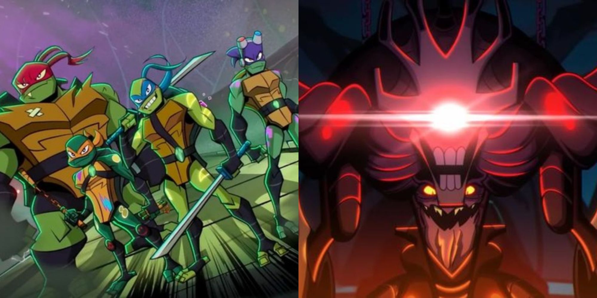 Split image showing the title characters and Krang from Rise of the Teenage Mutant Ninja Turtles