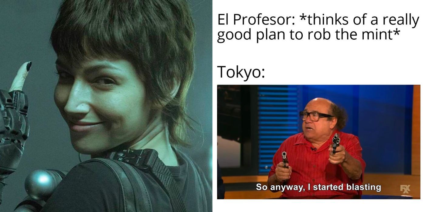 A split image showing Tokyo and a meme about Money Heist