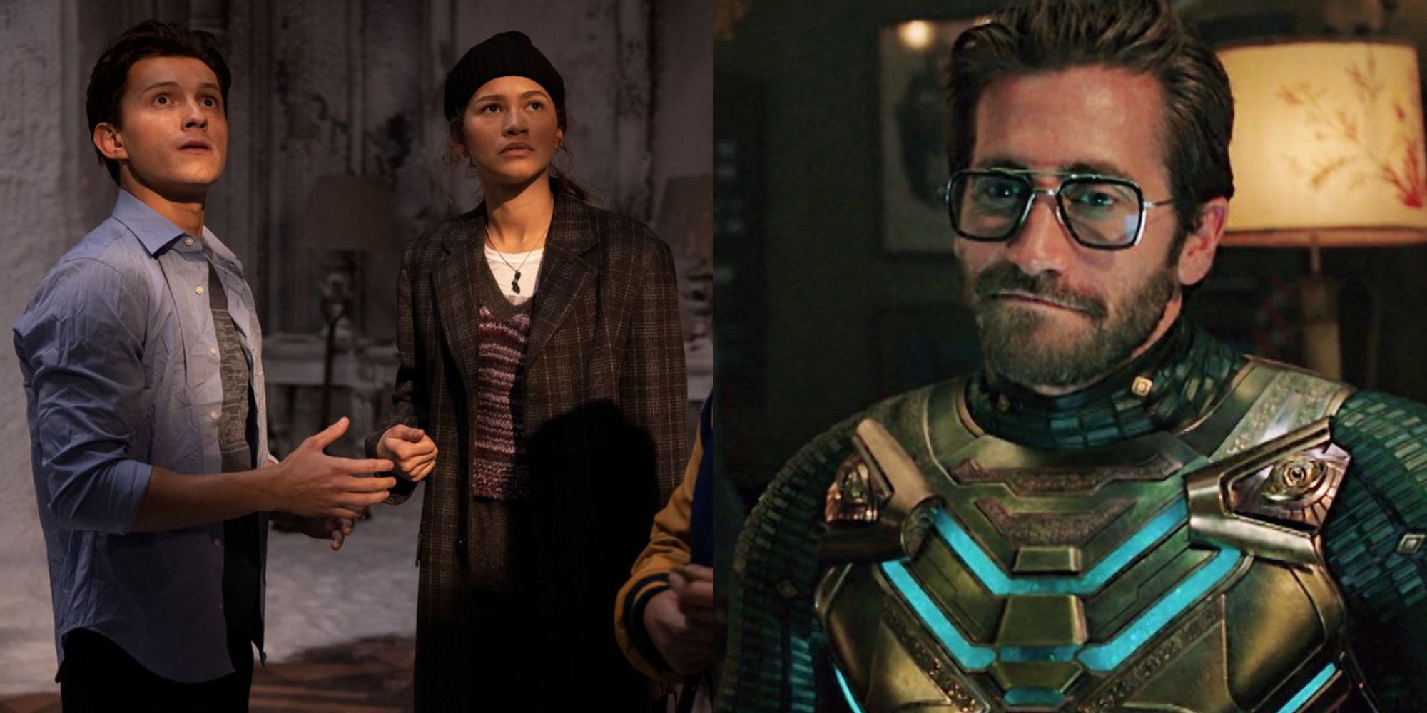 Split image showing Peter and MJ in Spider-Man No Way Home and Quentin Beck in Spider-Man Far From Home