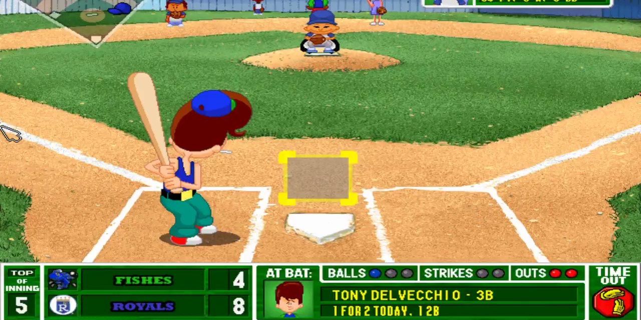 Tony Delvecchio pronto para rebater no Backyard Baseball 2003