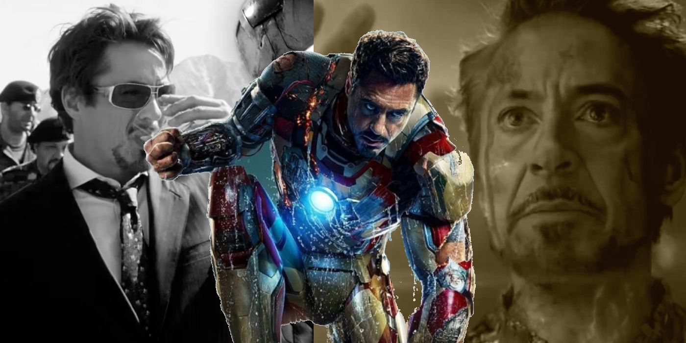 Image en noir et blanc de Tony Stark buvant dans Iron Man (2008);  Découpe d'affiche de Tony Stark dans Iron Man 3 (2012);  Tony avec le Gantelet de l'Infini dans Avengers : Endgame (2019)