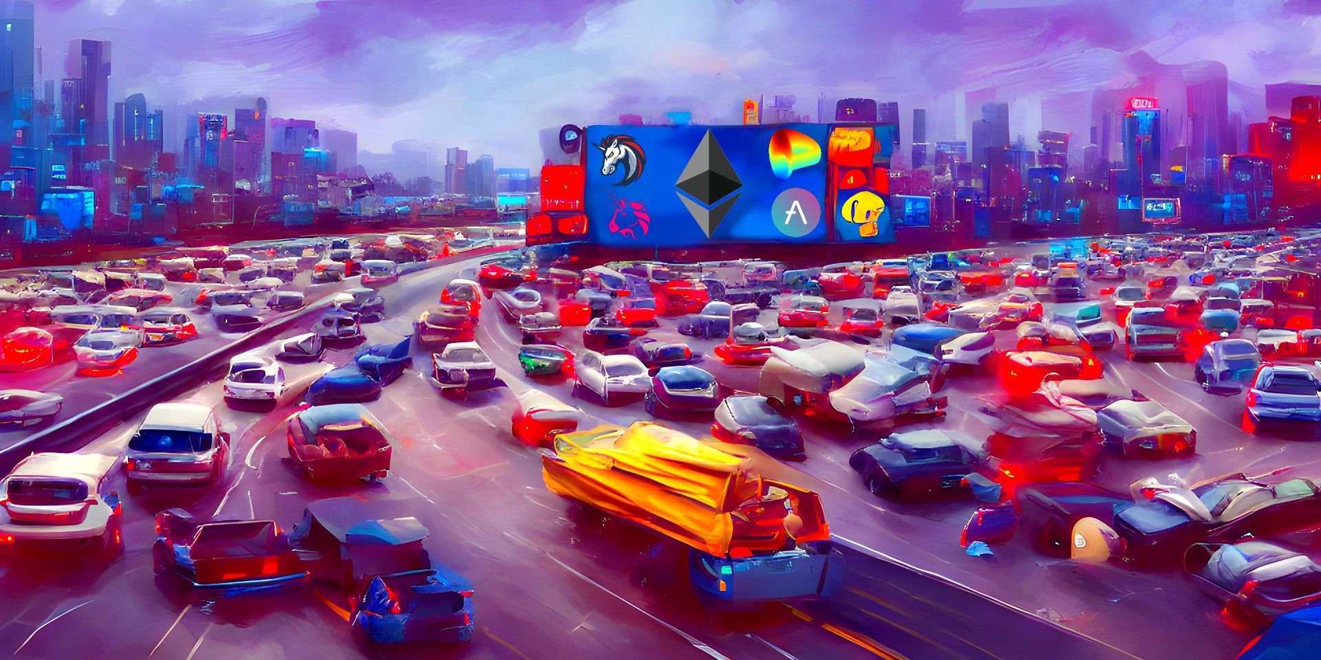 Traffic Jam with a crypto logos billboard, AI generated art