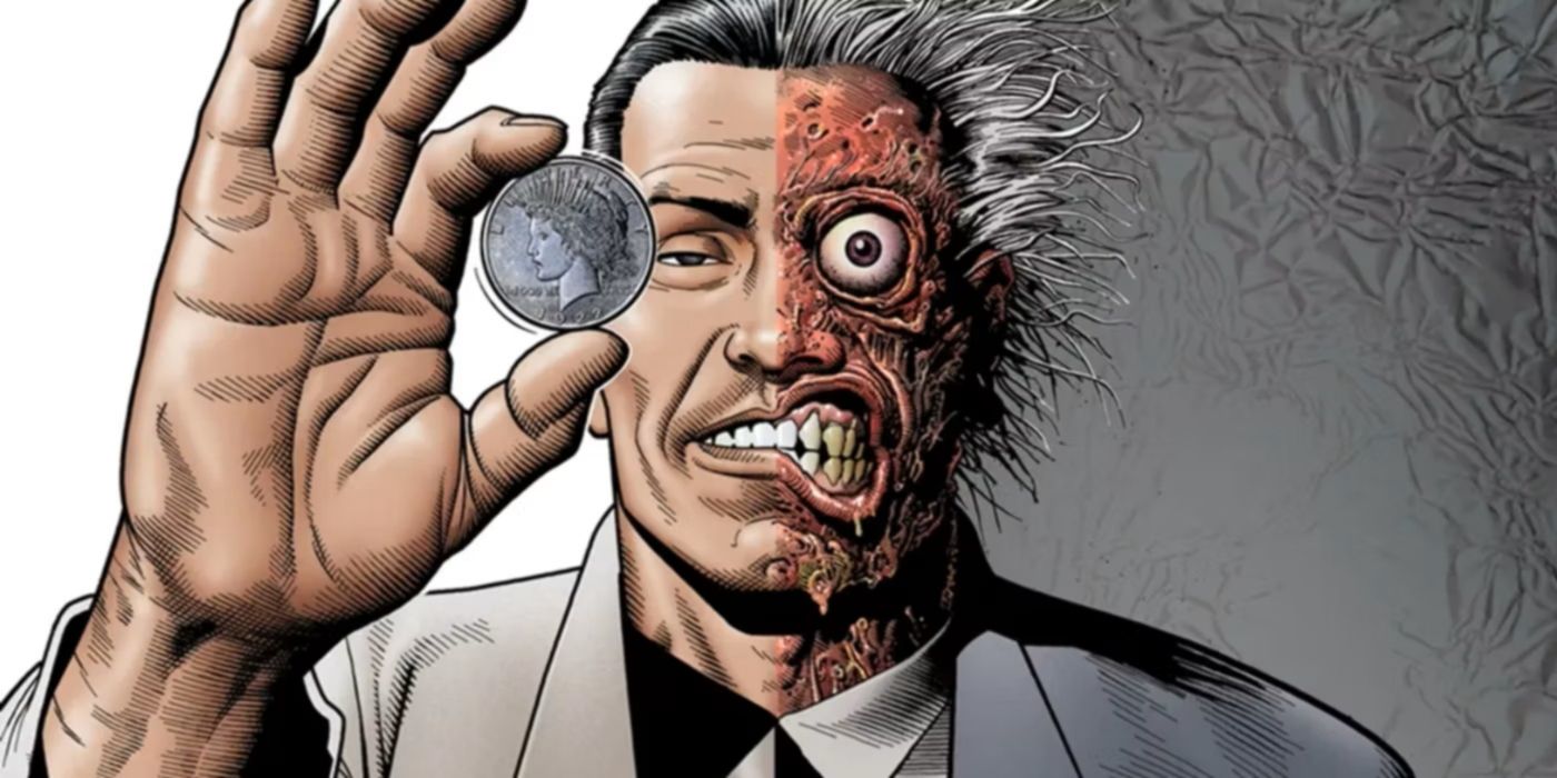 Two-Face holding up his signature coin in comic book art.