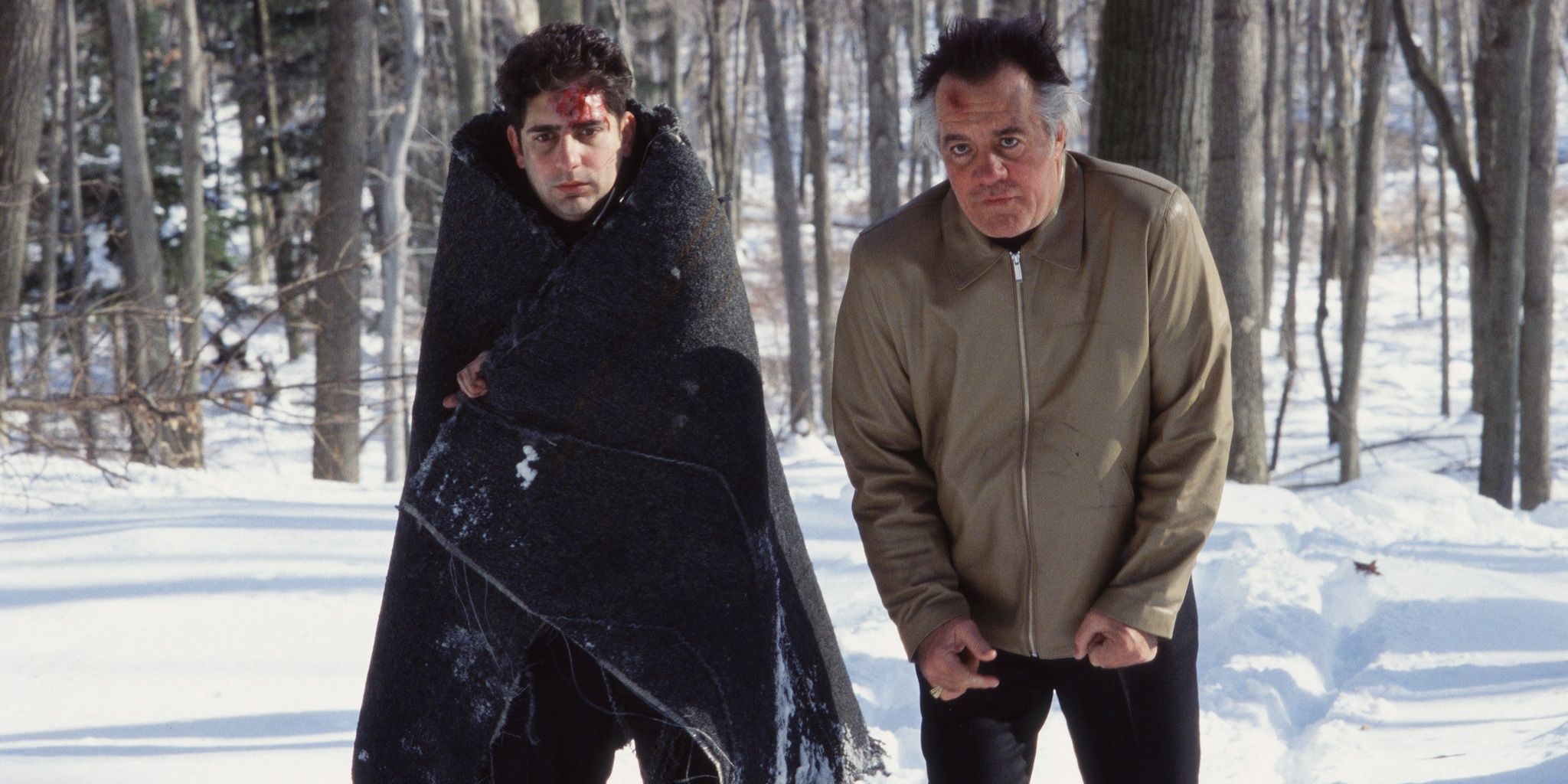 Two men freezing out in the cold forest in The Sopranos 