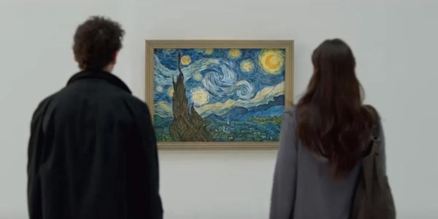 Two people staring at A Starry Night by Vincent Van Gogh in Touched With Fire