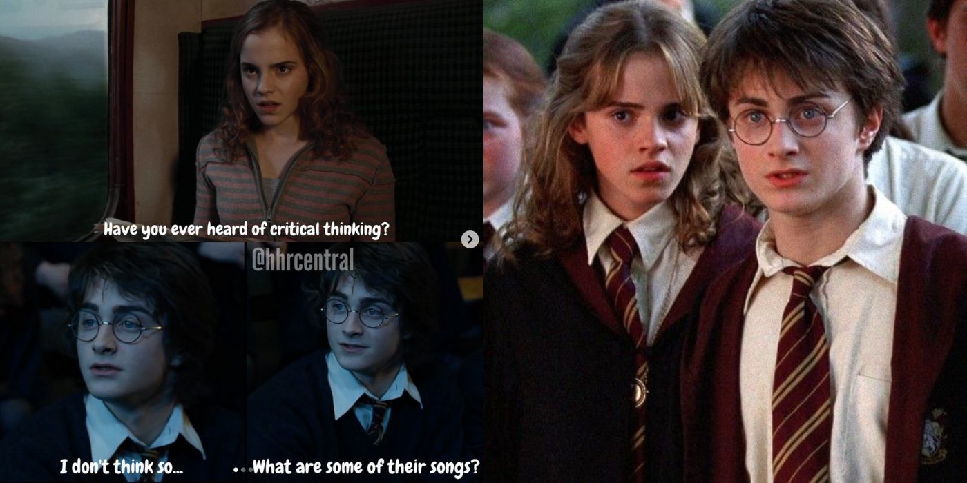 Two side by side images of Harry and Hermione and a meme