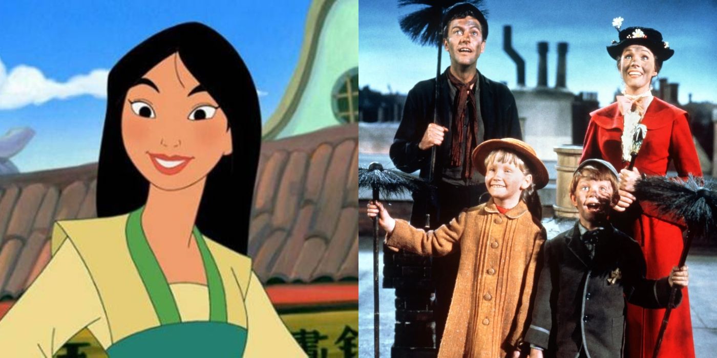 Split image of Mulan and Bert, Jane, Michael, and Mary Poppins in Mary Poppins