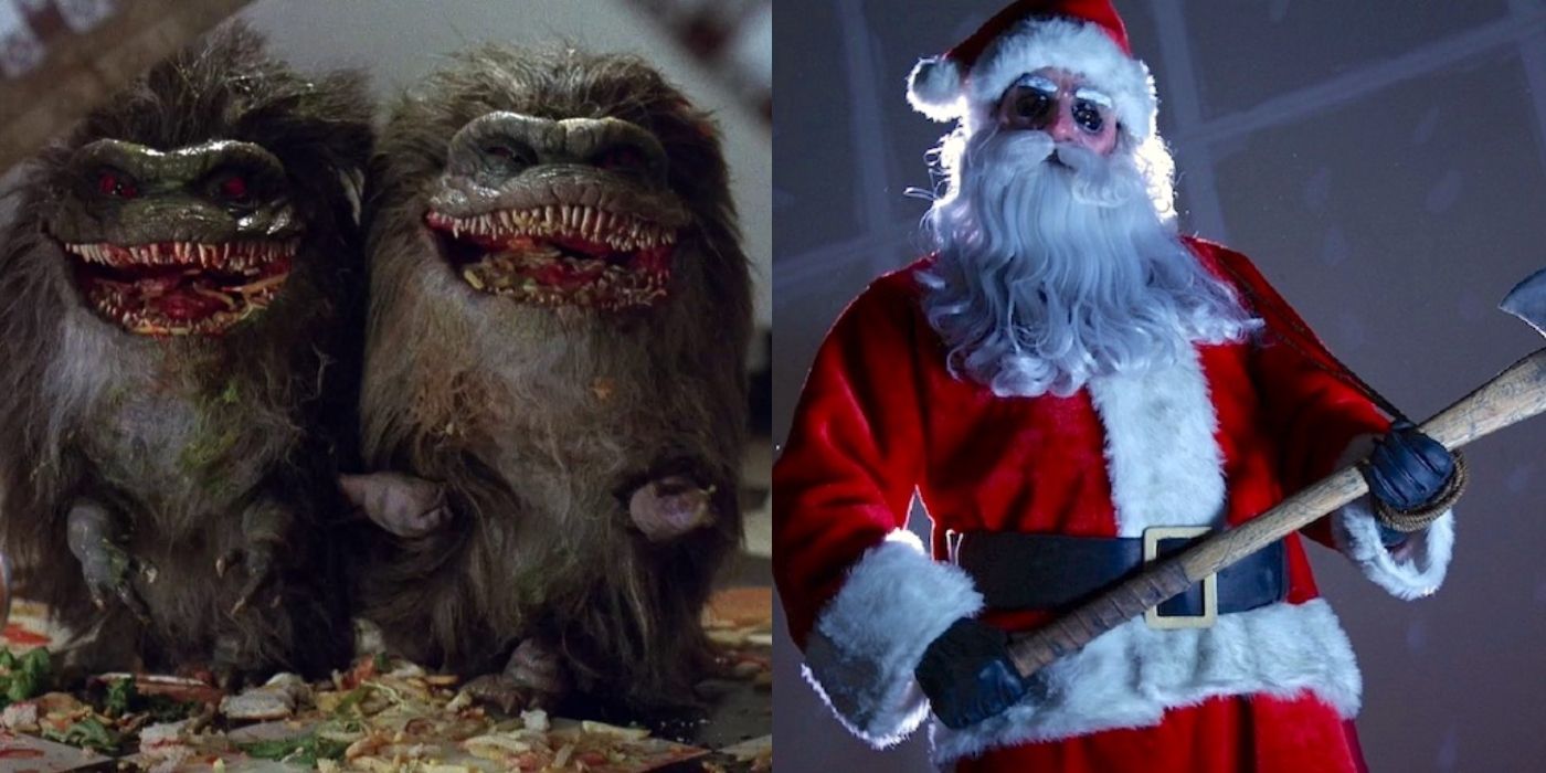 Split image of the creatures in Critters and Santa Claus in Silent Night, Deadly Night