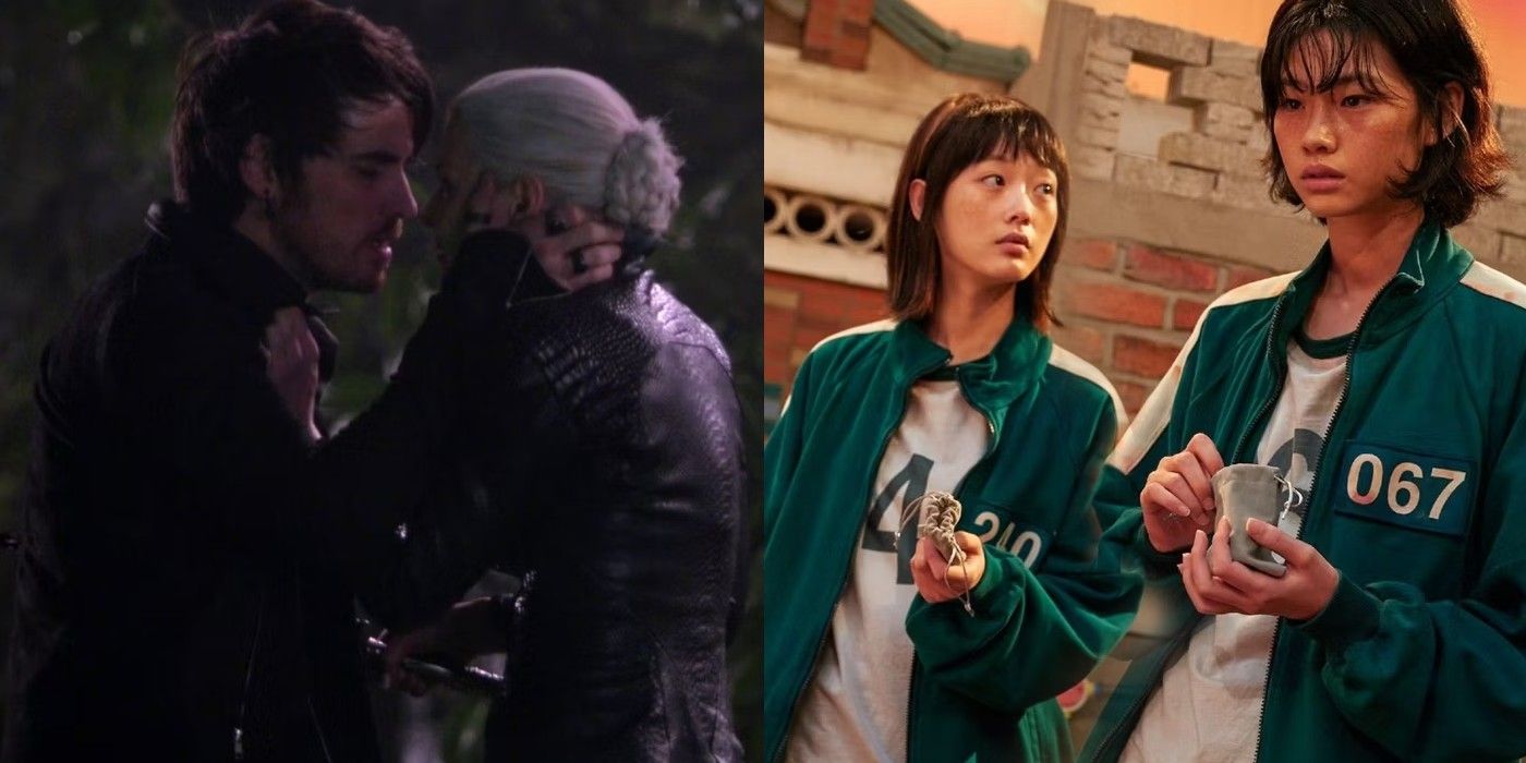 Split image of Emma and Hook from Once Upon A Time and Ji-yeong and Sae-byeok from Squid Game
