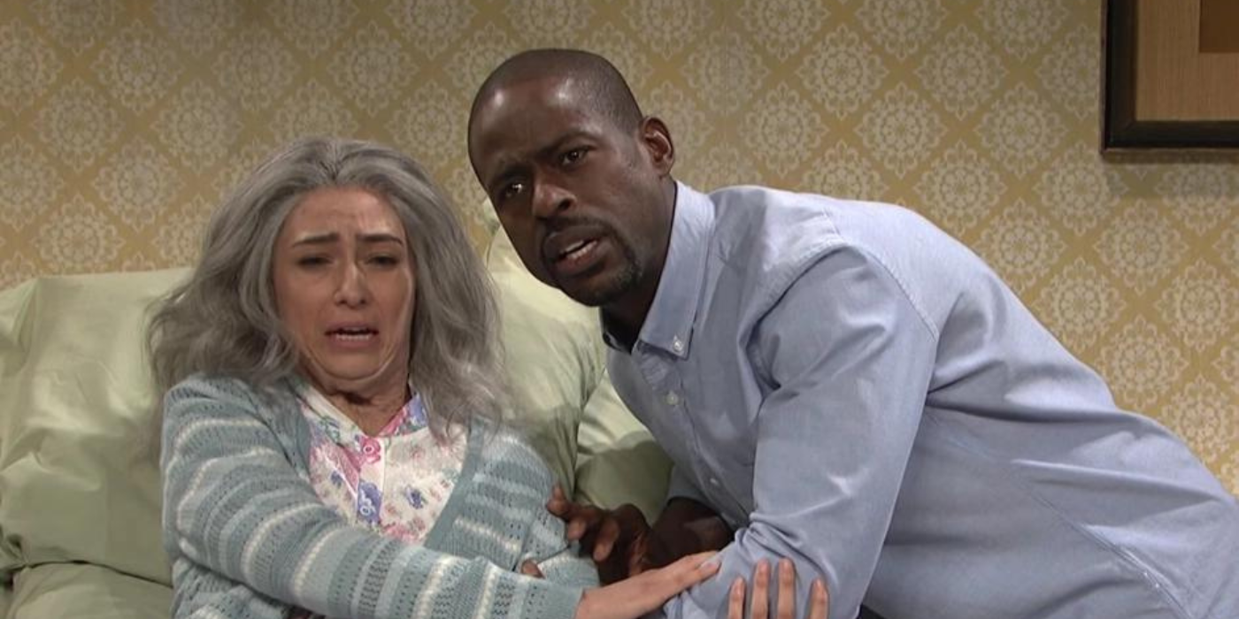 Mrs. Gomez talking to her friend Michael (played by Sterling K. Brown)