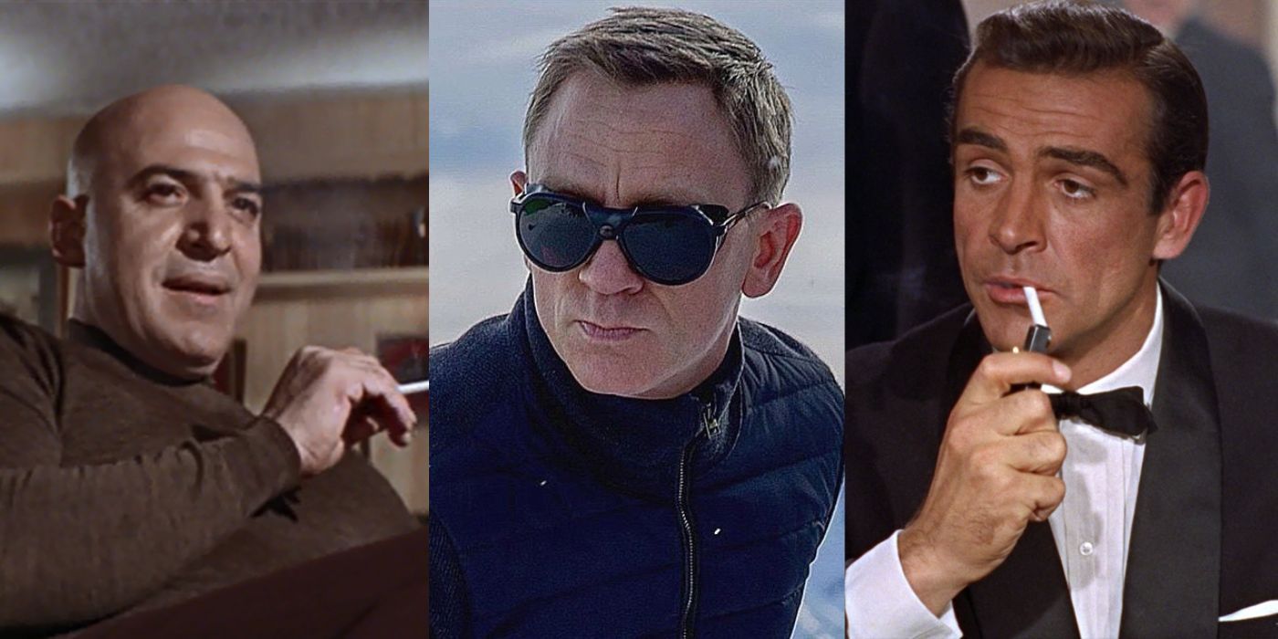 Three vertical images of Bond eras with Telly Savalas as Blofeld, Daniel Craig as Bond, Sean Connery as Bond