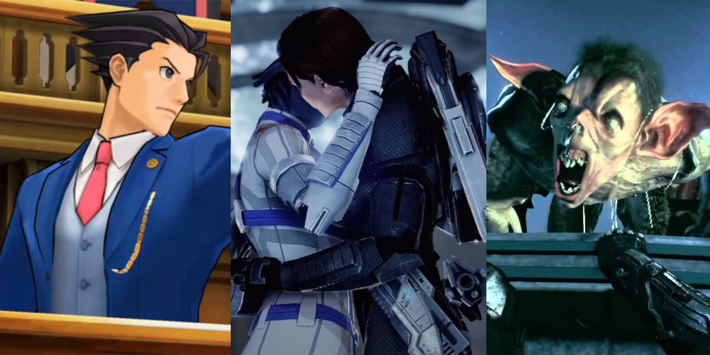 Split image of Phoenix Wright: Ace Attorney, Man-Bat from Batman Arkham Knight, and Liara and Shepard kissing in Mass Effect