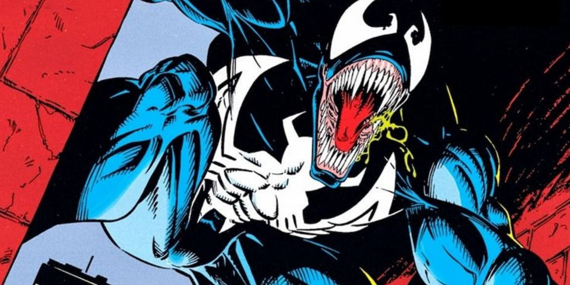 Venom snarling and leaping out from an alleyway.