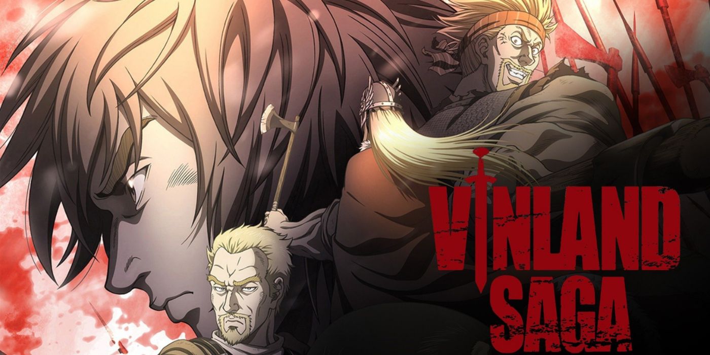 Vinland Saga anime key art featuring Thorfinn in the background and the supporting cast in the front.