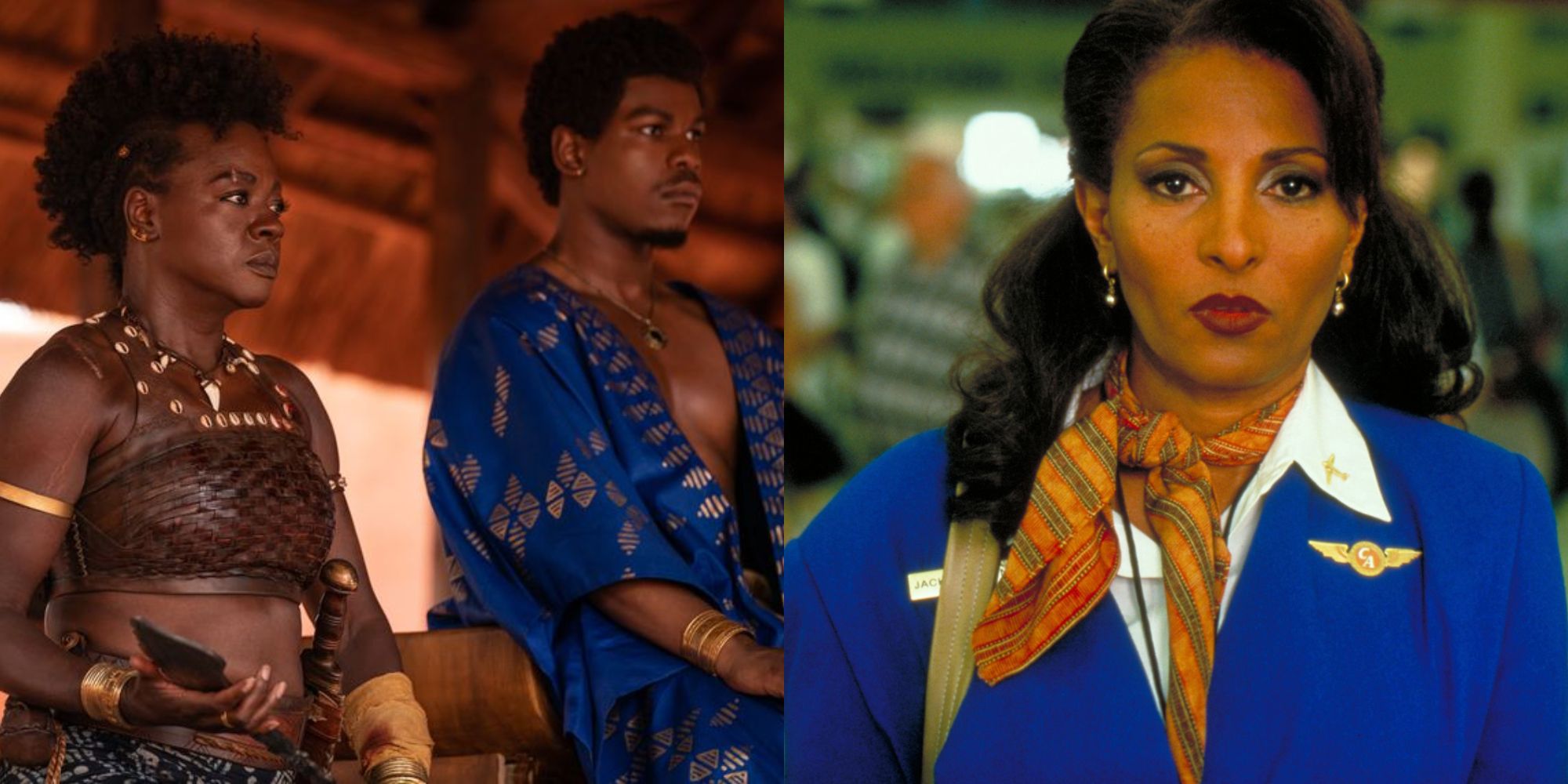 Split image showing Nanisca and King Ghezo in The Woman King and Jackie Brown in Jackie Brown
