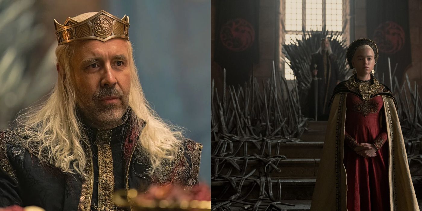 King Viserys alongside an image of Rhaenyra with Viserys in the background in front of the Iron Throne in House of the Dragon.