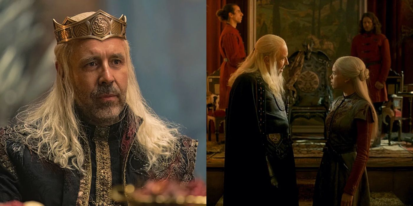 Split image of Viserys wearing a crown alongside an image of him and Rhaenyra in House of the Dragon. 