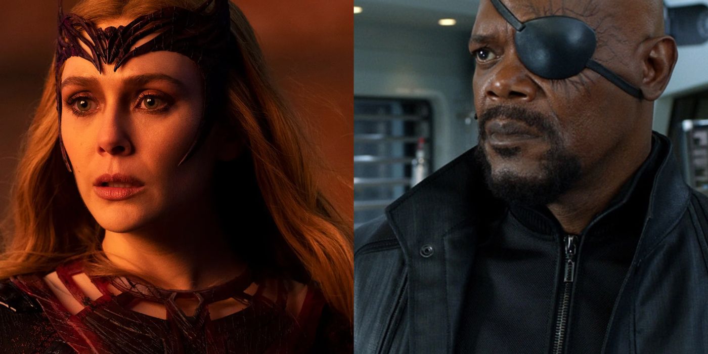 Imagem dividida de Wanda Maximoff em WandaVision e Nick Fury em Os Vingadores
