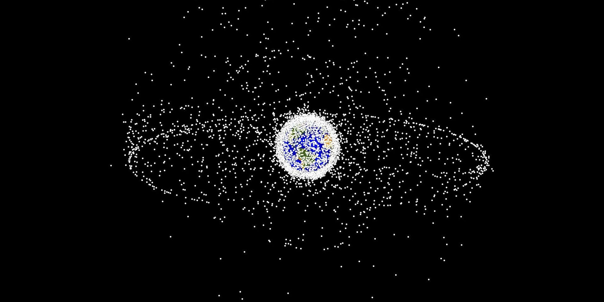 Representação gerada por computador da localização de detritos espaciais, como pode ser visto da órbita alta da Terra.