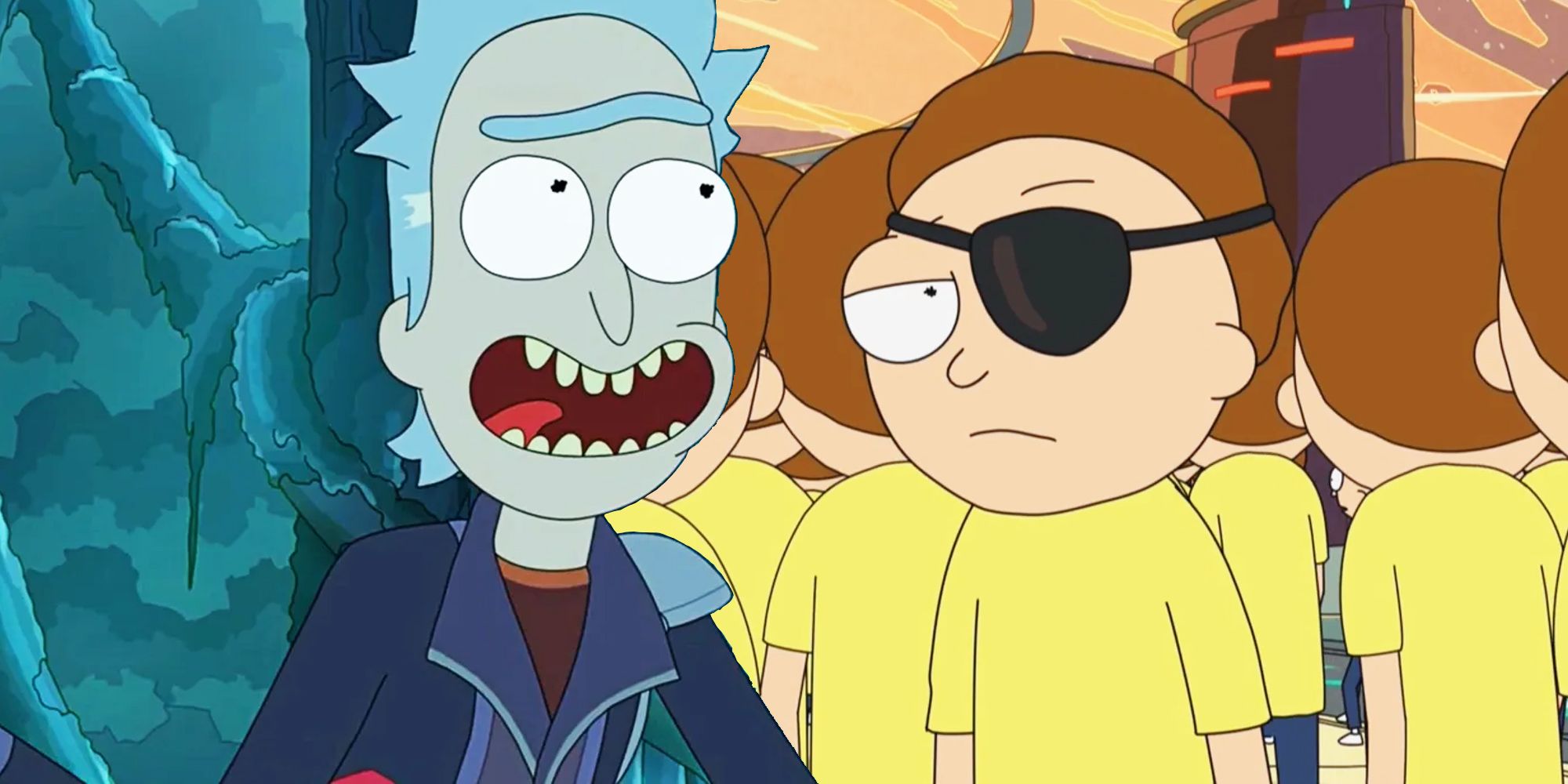 Rick Prime smiling next to Evil Morty looking intensely at the camera