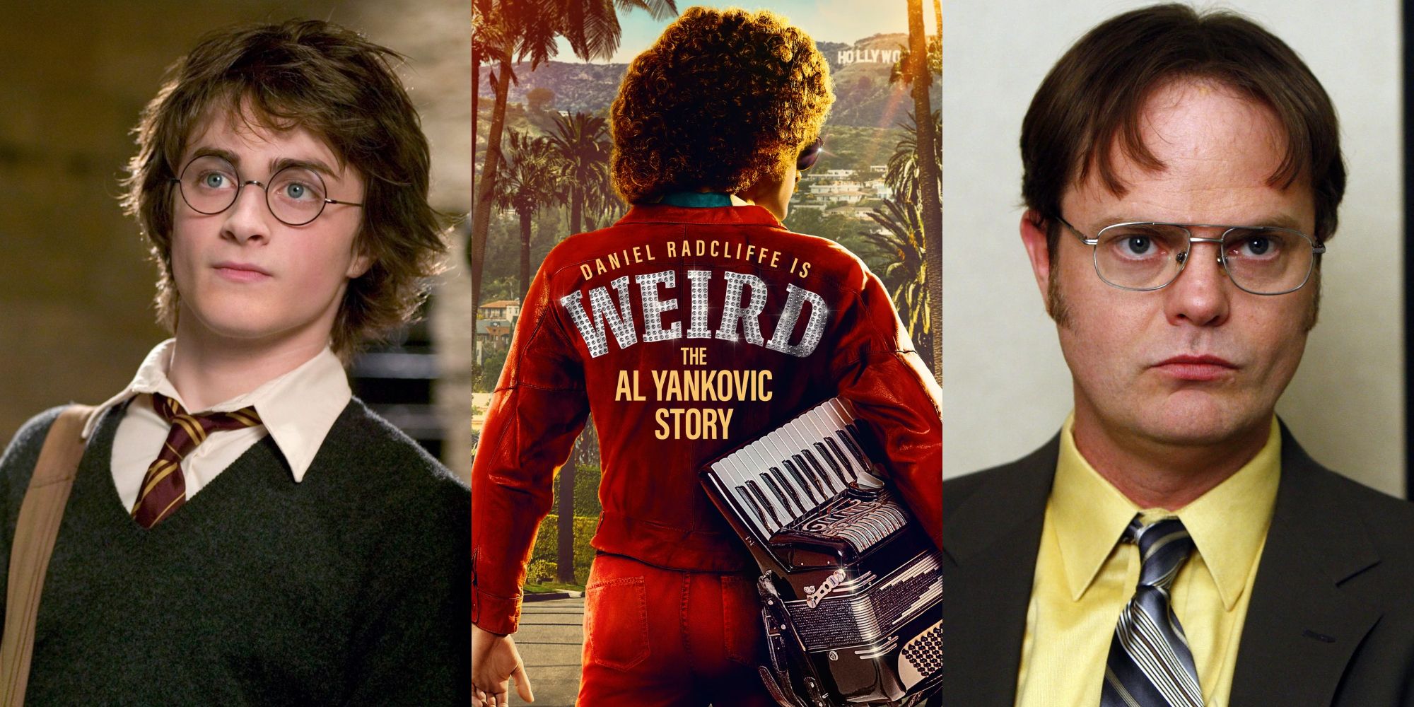 Daniel Radcliffe as Harry Potter, a poster for Weird: The Al Yankovic Story, and Rainn Wilson as Dwight Schrute