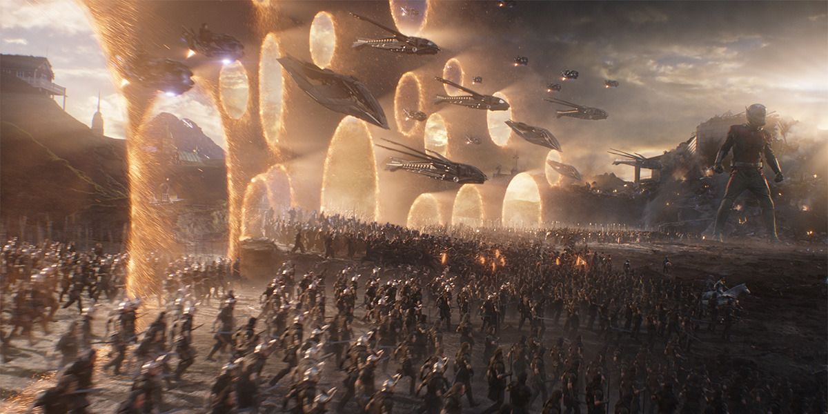 The Avengers Endgame final battle is shown.