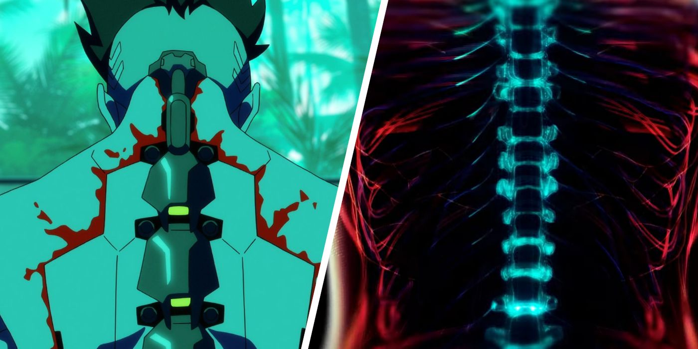 A split-screen image of David's back in the Edgerunners anime next to an X-Ray image of the player's spine in Cyberpunk 2077