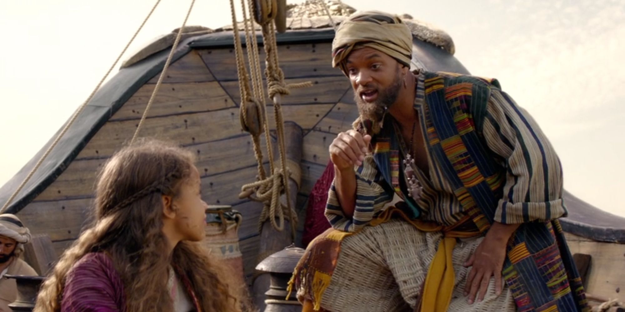 Will Smith como o Gênio em forma humana cantando Arabian Nights para seus filhos em Aladdin (2019)