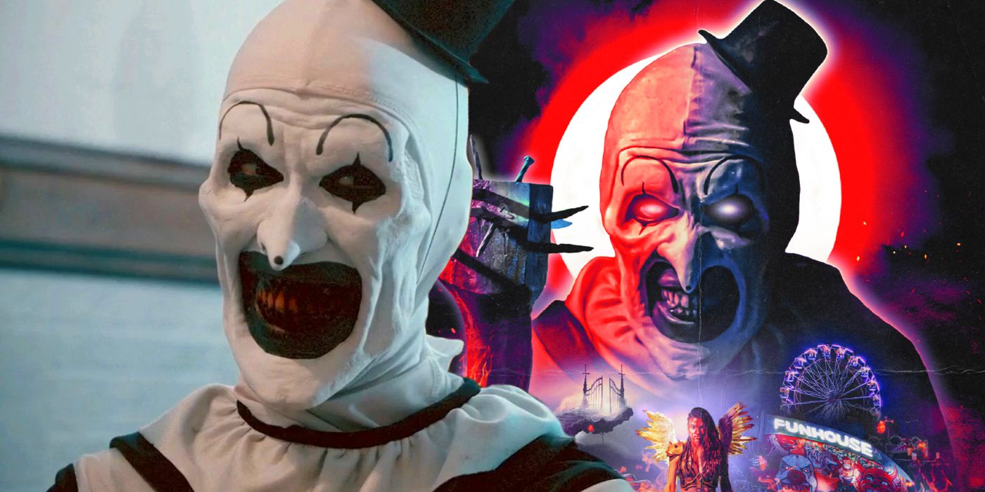 David Howard Thornton as Art the Clown with Terrifier 2 poster