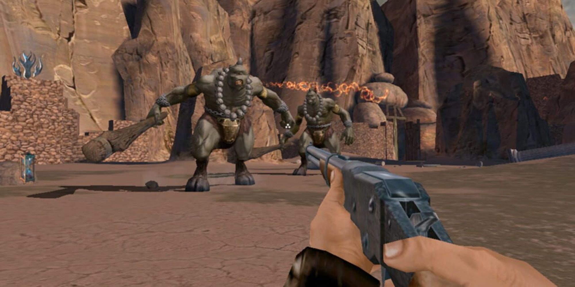 Will fighting off two cyclopses with a rifle in Will Rock (2003)