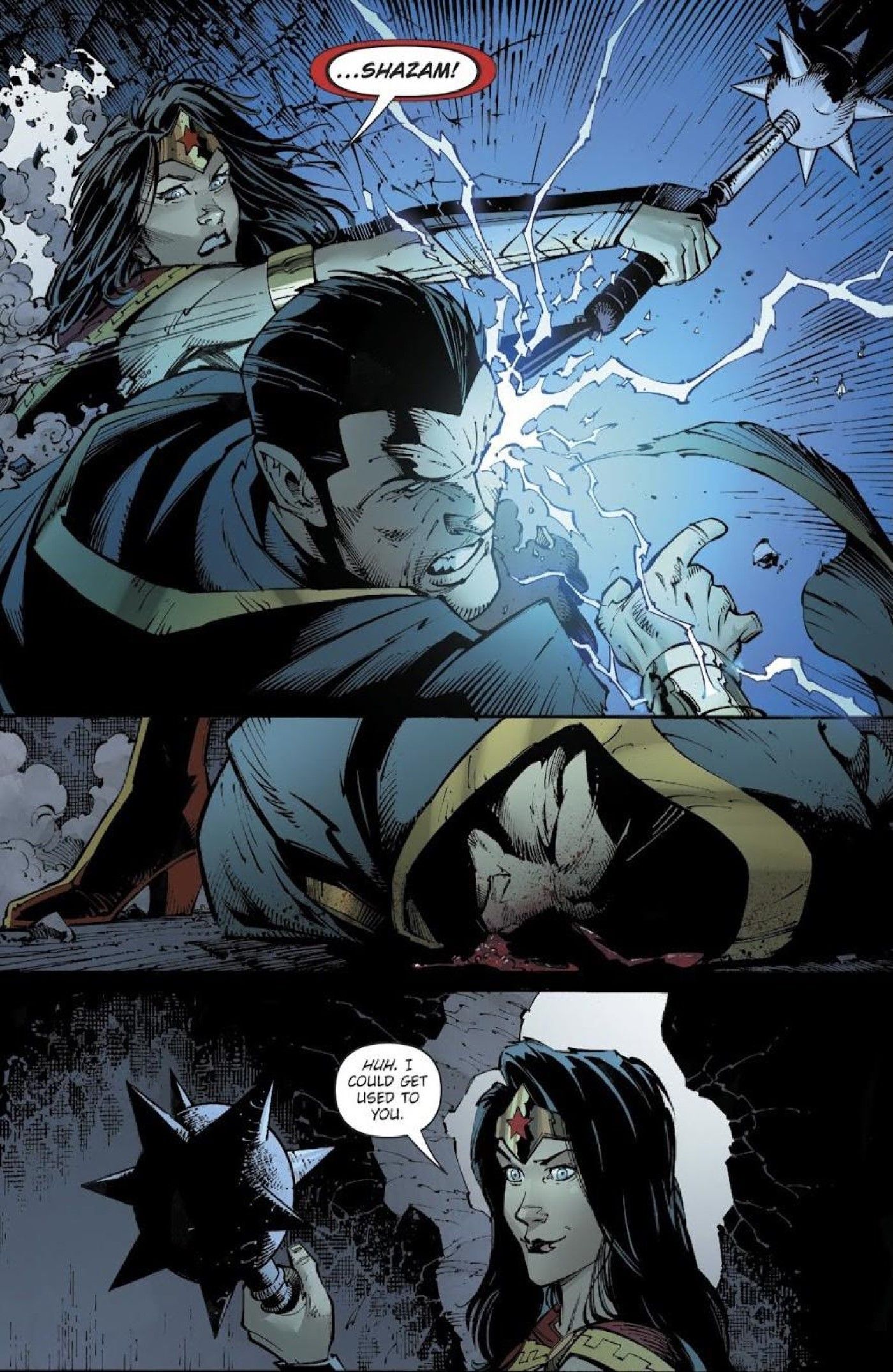 Mulher Maravilha derrota Black Adam com Hawkman's Mace.