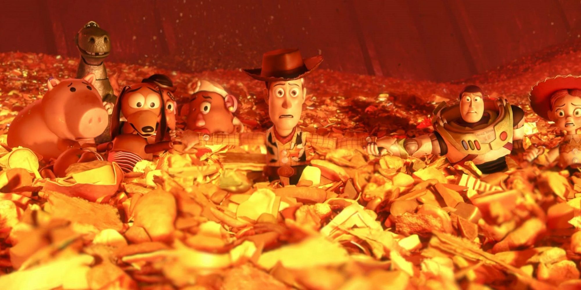 Woody, Buzz, and the other toys inside an incinerator in Toy Story 3 (2010)