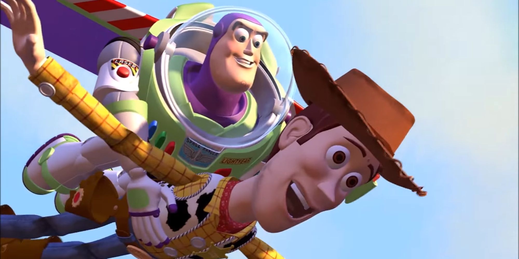 Tom Hanks as Woody and Tim Allen as Buzz falling with style in Toy Story (1995)